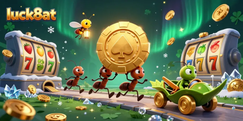 Experience the thrill of luck8at with ants running a heist for a giant golden poker chip amidst dynamic casino elements.