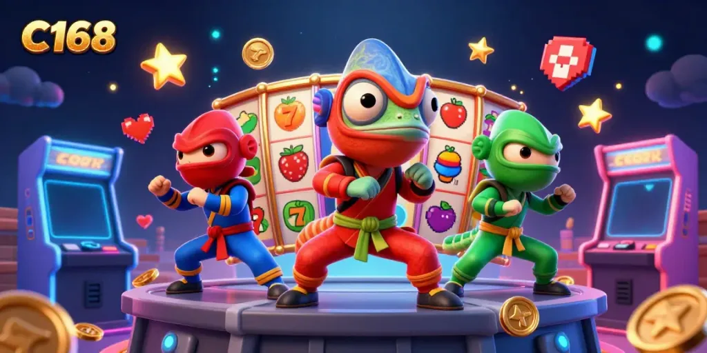 Experience thrilling slots gameplay as C168's ninja chameleon team sets the stage for excitement.