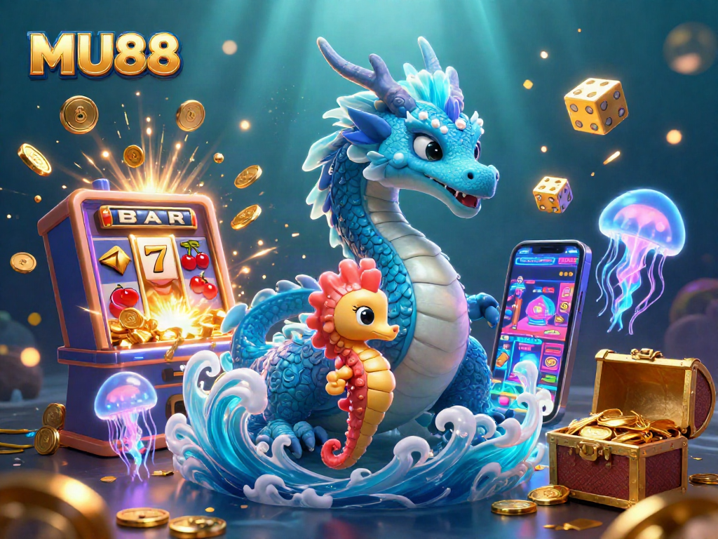 Engage with MU88's thrilling casino scene featuring a water dragon, a seahorse knight, and jackpot excitement