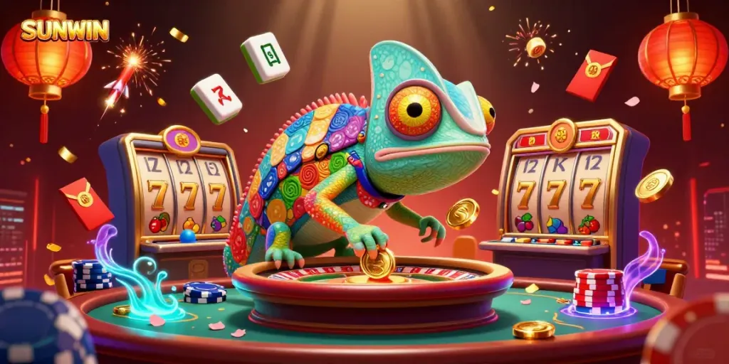 Experience the vibrancy of SUNWIN with a dynamic scene featuring a chameleon casino owner amidst engaging slot elements and festive decorations.