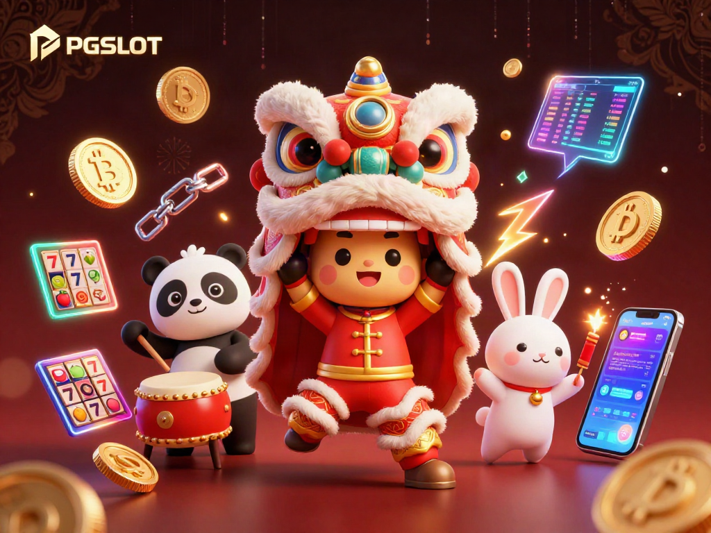 Engage in PG SLOT gameplay with vibrant characters, crypto coins, and festive casino elements.