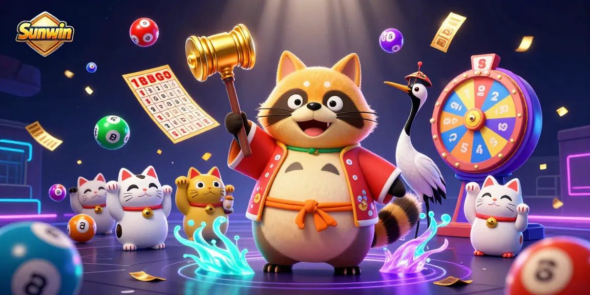 Engage in exciting games at Sunwin with a vibrant 3D illustration of joyful characters and dynamic gambling elements.