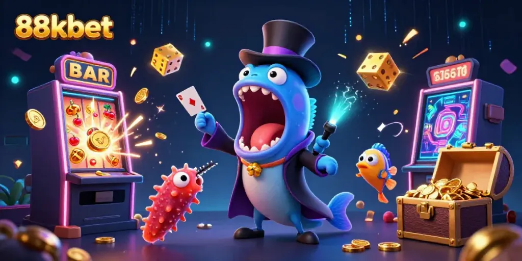 Join the magic with 88kbet, featuring animated underwater characters and casino symbols.