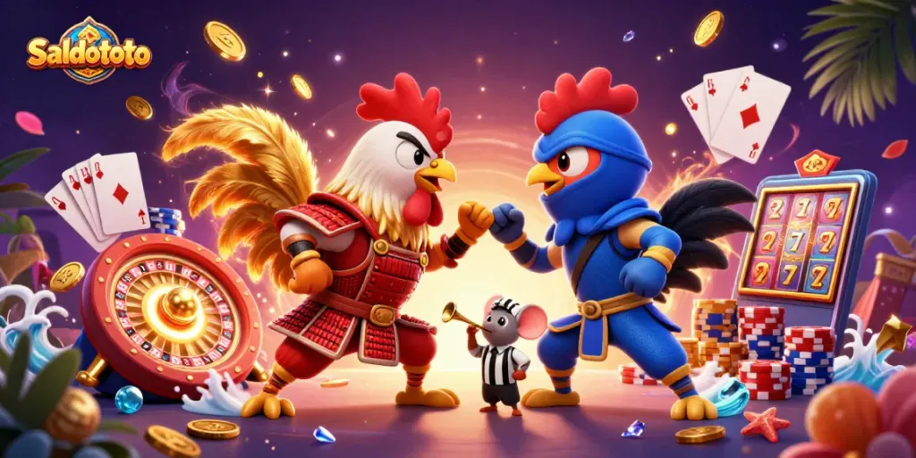 Saldototo menghadirkan ilustrasi duel ayam bertarung dalam arena perjudian yang penuh aksi dan detail.