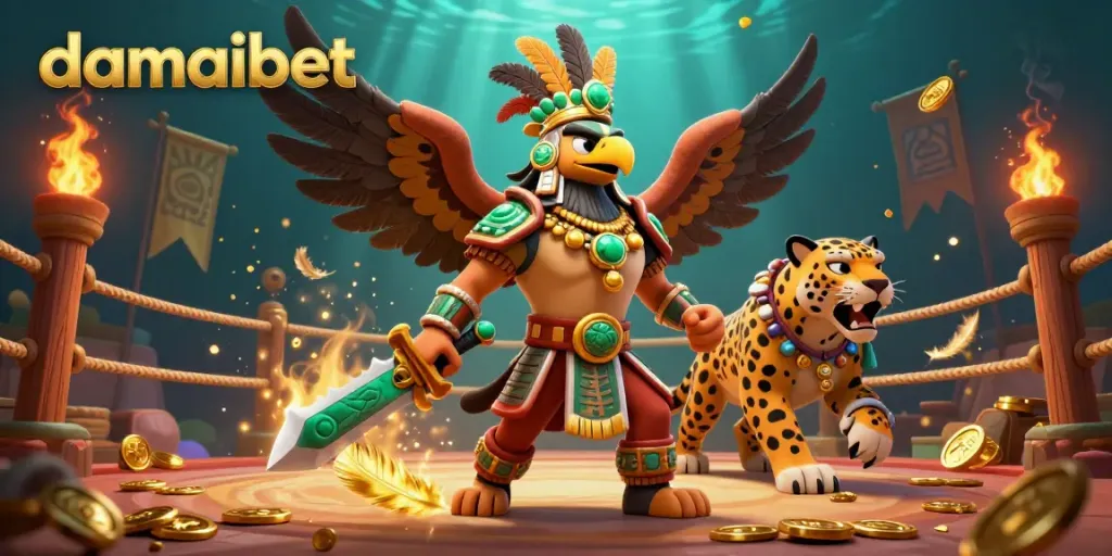 Damaibet showcases an Aztec warrior and Jaguar in an engaging casino-themed arena filled with coins.