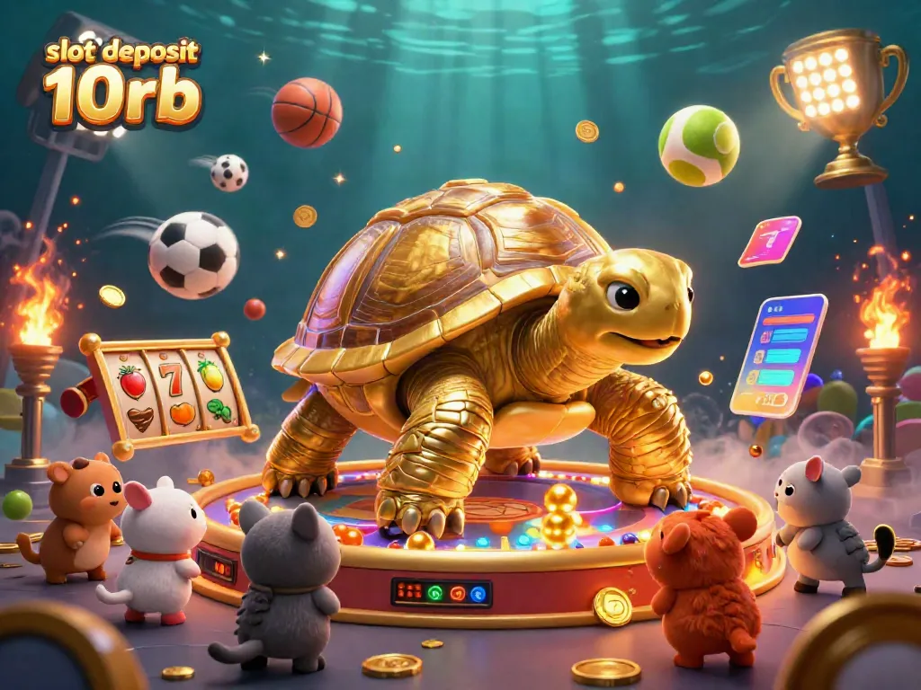 Engage in thrilling slot deposit 10rb gameplay with a dynamic, colorful casino scene featuring a golden tortoise pinball machine.