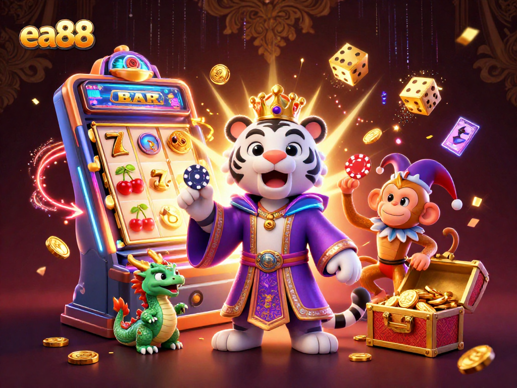 Win big with ea88 at the colorful casino, featuring a lively tiger, monkey, and dragon.
