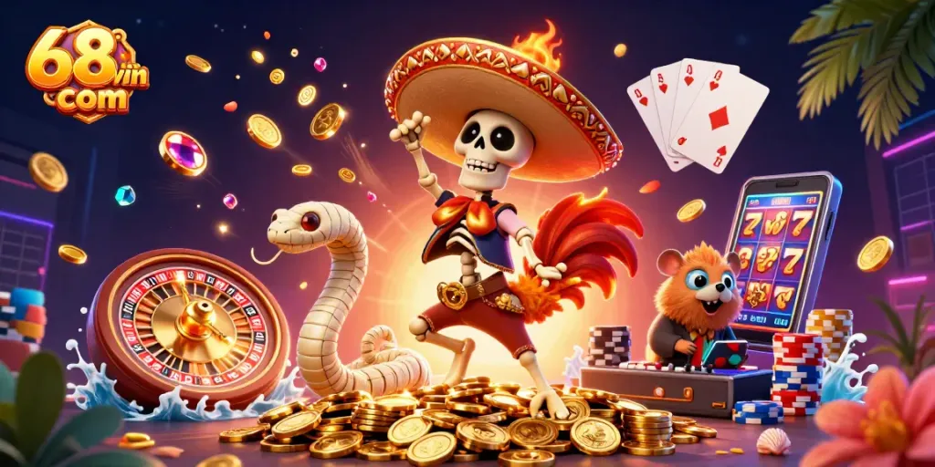 Spin and win with the exciting visuals of 68win com showcasing casino elements, vibrant characters, and dynamic gameplay.