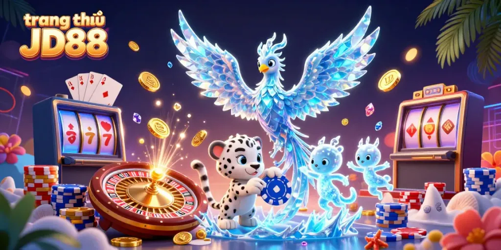 Experience vibrant energy at trang chủ JD88 with an ice phoenix, glowing sprites, and dynamic casino elements.
