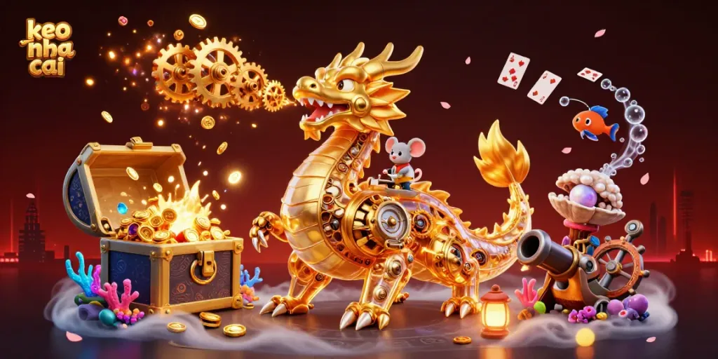 Captivating illustration featuring keo nha cai with a golden dragon and engineers amidst treasure and gaming elements.