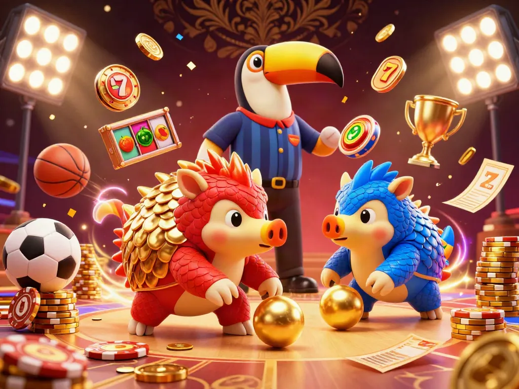 Engaging 3D illustration of rival pangolins competing for the slot jackpot among golden poker chips and confetti.