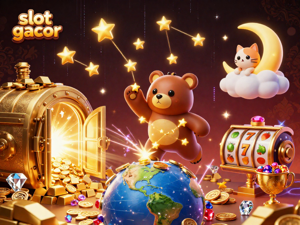 Experience the thrill of slot gacor with dynamic characters and golden treasures illuminating the night sky.