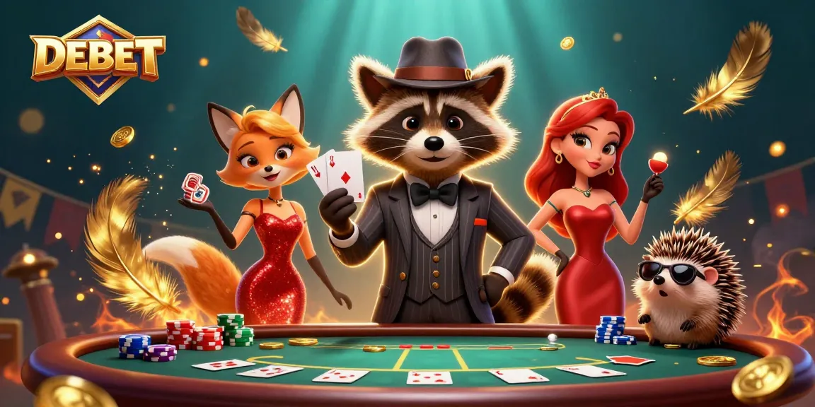 Experience thrilling poker action with DEBET featuring a suave raccoon gentleman, a fox lady, and a hedgehog bouncer.