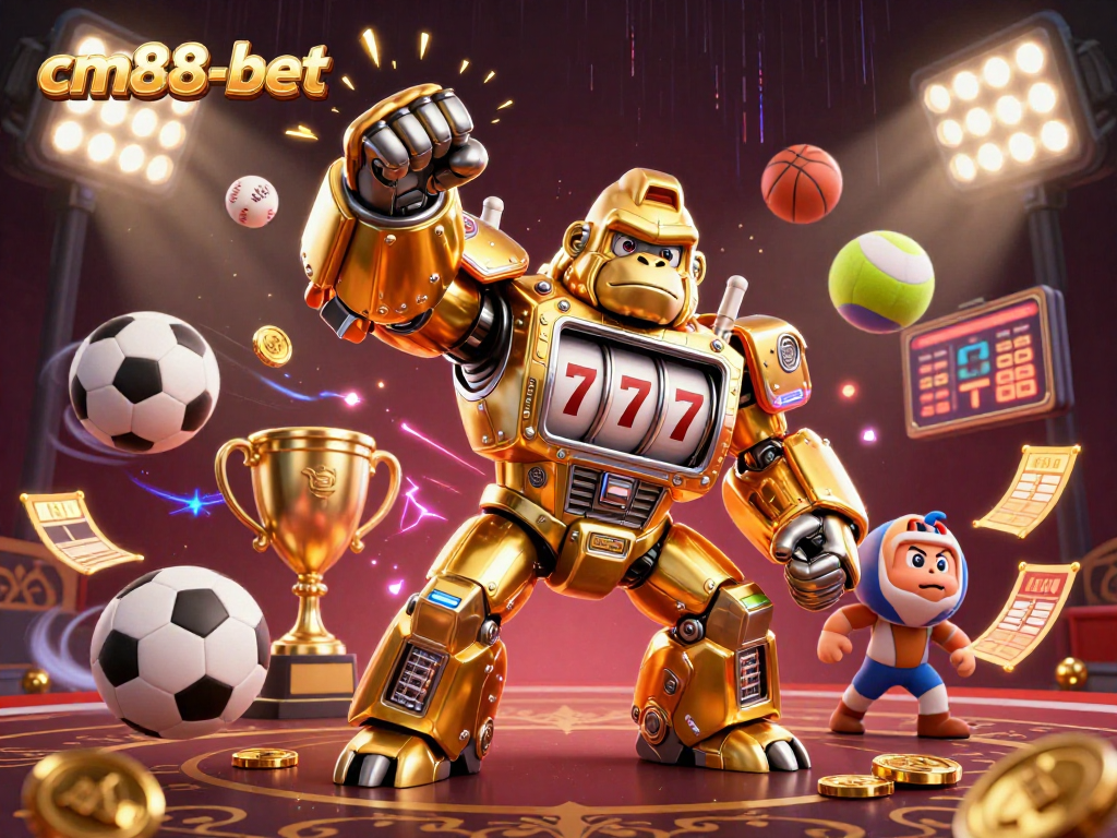 Experience thrilling gaming with cm88-bet's vibrant 3D illustration showcasing dynamic sports and casino elements.