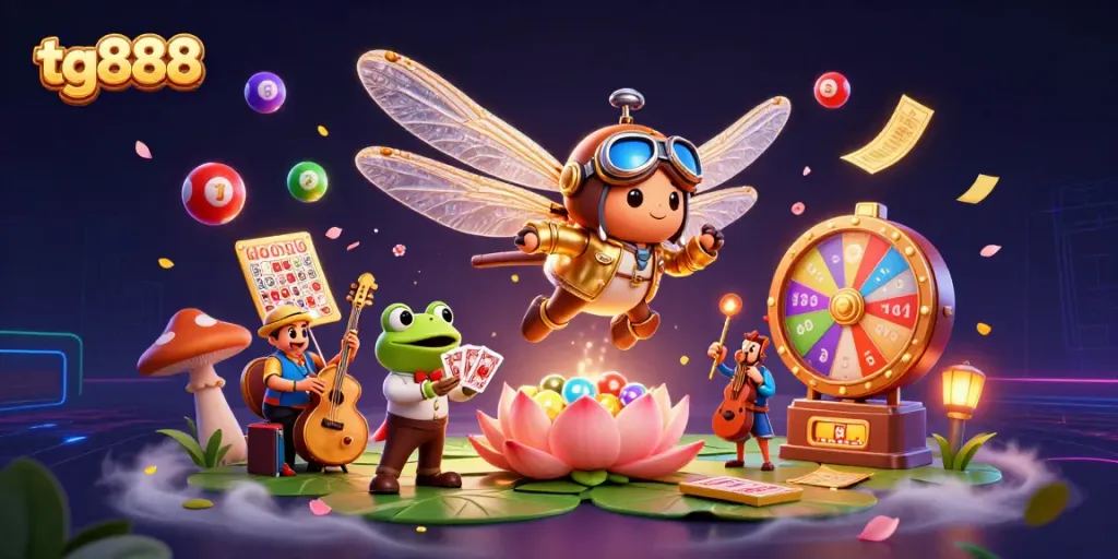 Spin and win at tg888 with a vibrant 3D casino scene featuring dynamic characters and game elements.