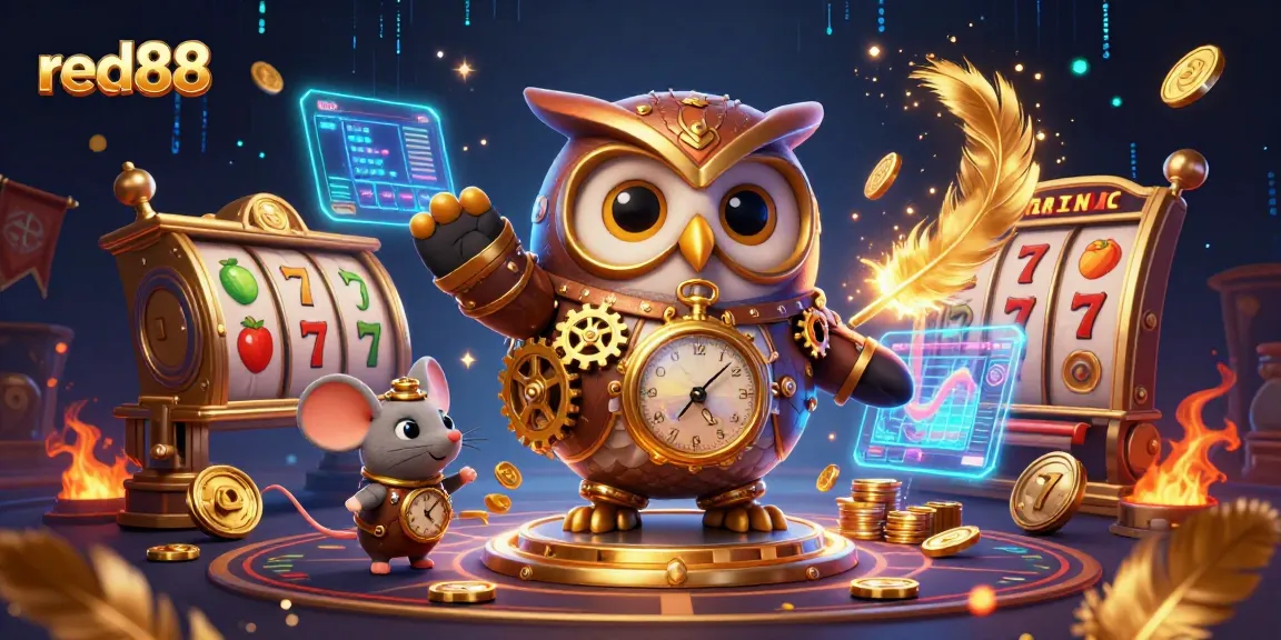 Experience the excitement of red88 with steampunk owls, vibrant slot reels, and thrilling gaming elements.