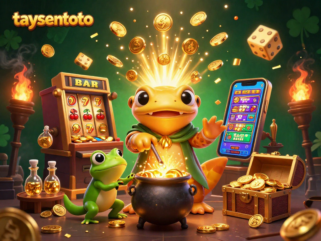 Taysentoto gaming excitement embodied by a golden salamander, slot machine, and rich gold elements.