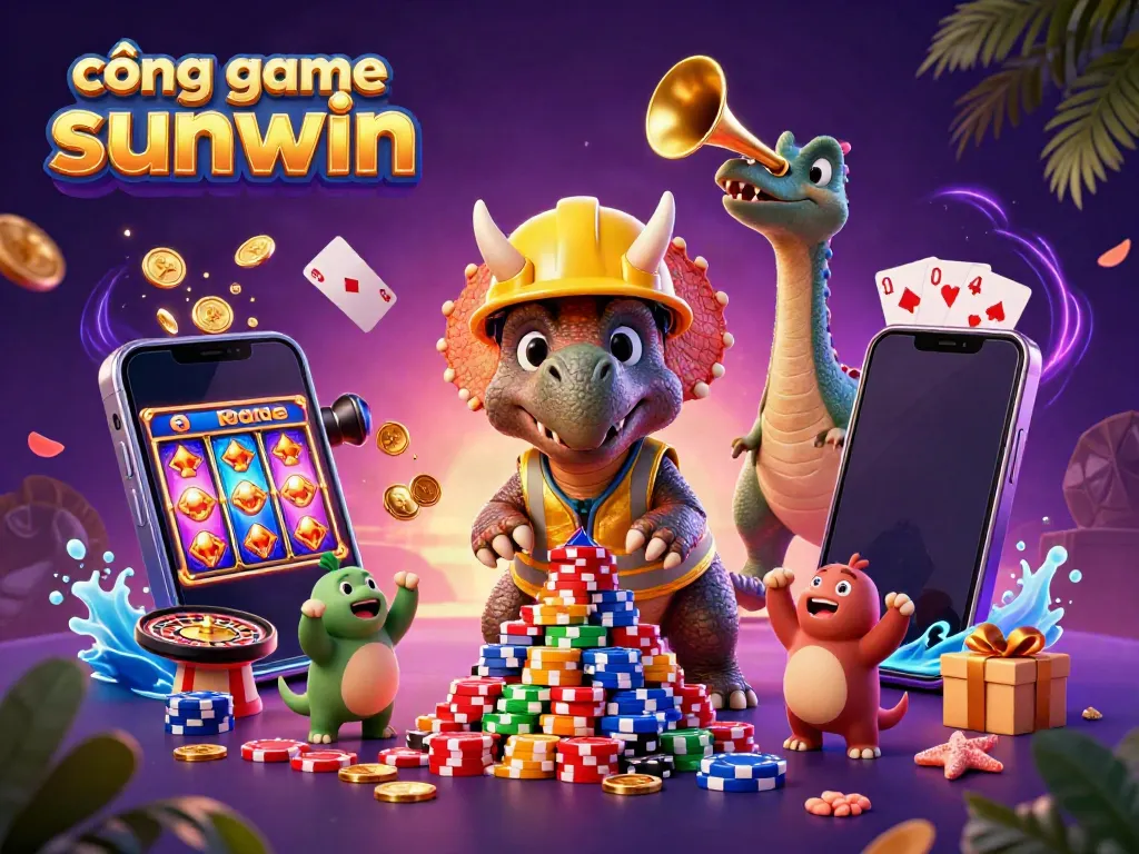 Engage with the dynamic cổng game sunwin scene featuring characters celebrating around poker chips and vibrant gaming elements.