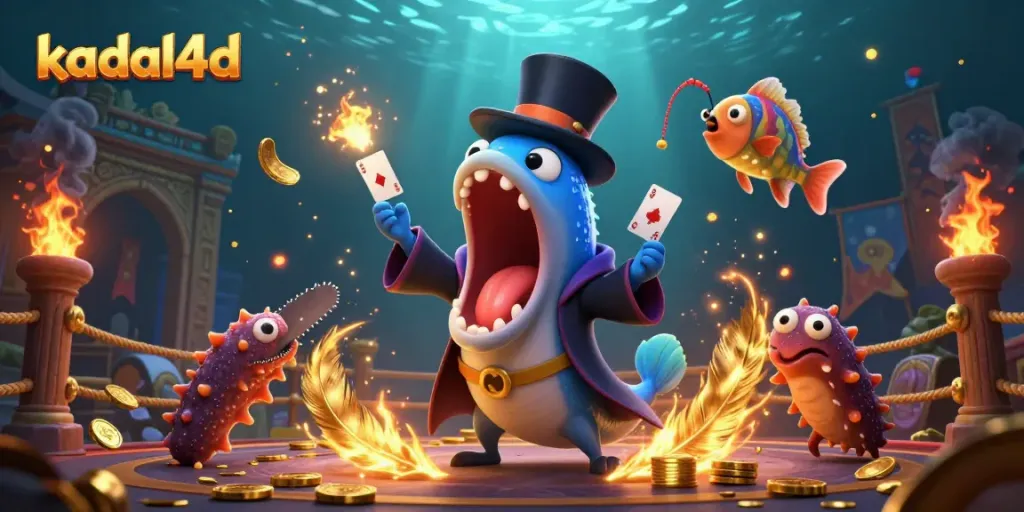 Engage in thrilling casino excitement with kadal4d's vibrant underwater gambling scene featuring card tricks and magic.