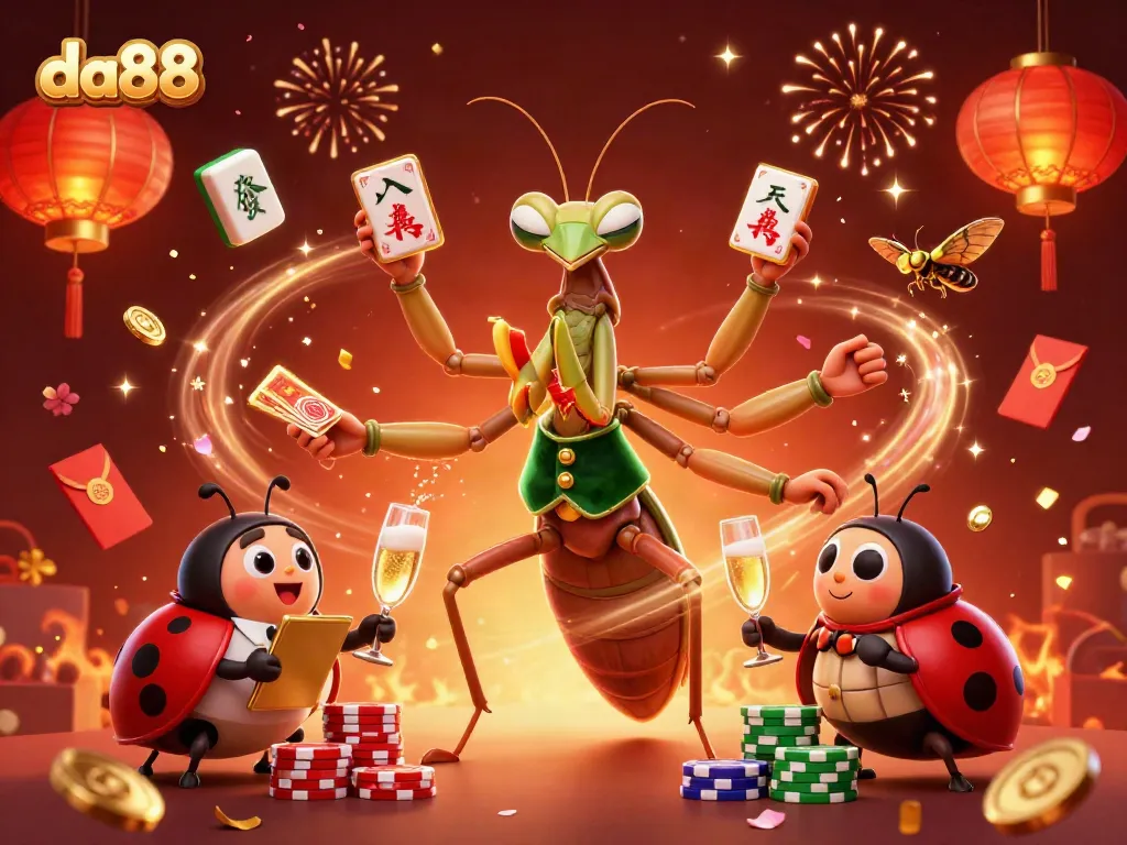 Experience the thrill of gambling with da88, featuring a giant mantis dealer and vibrant casino elements.