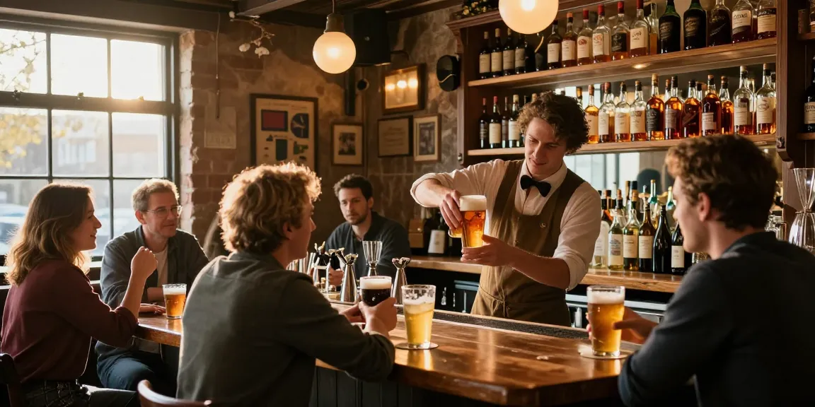 Di dalam Keg Room NYC, bartender menuangkan bir kerajinan dengan suasana hangat dan ramai.