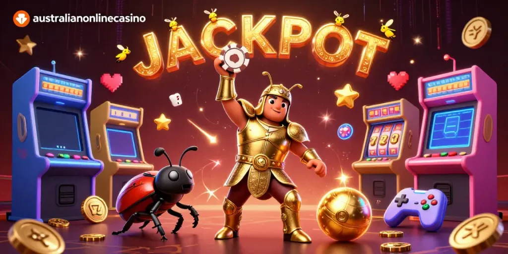 Catch the excitement at australianonlinecasino with a 3D illustration of a victorious beetle and vibrant gaming elements.