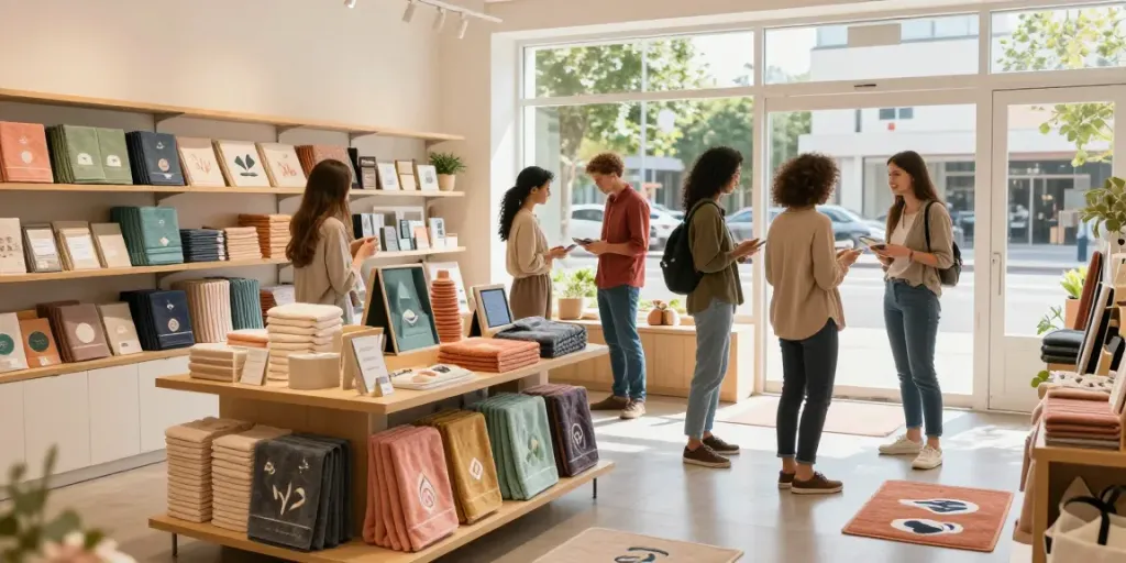 Shopsmart eco-friendly retail space featuring personalized towels and smart shopping solutions.
