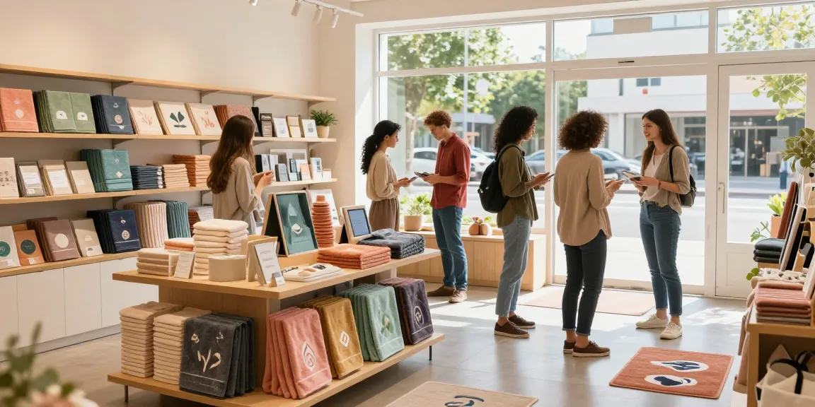 Shopsmart eco-friendly retail space featuring personalized towels and smart shopping solutions.