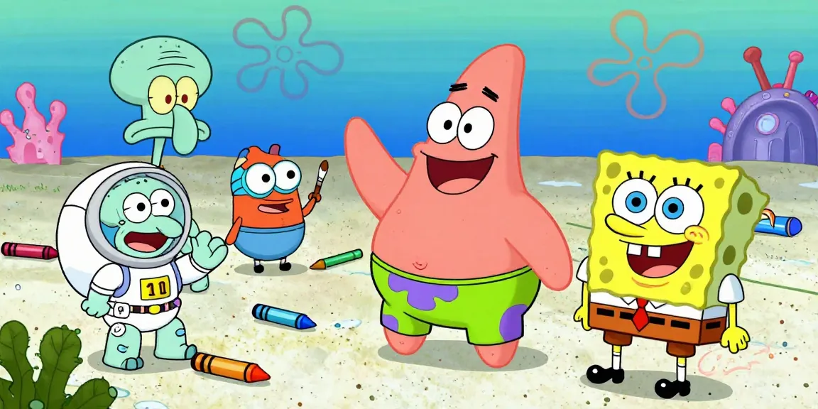 Superhero coloring pages featuring Patrick Star in fun activities with friends, bright colors, and a joyful atmosphere.