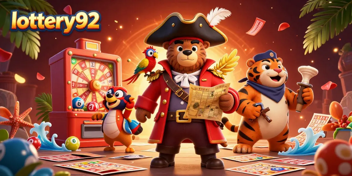 Experience lottery92 excitement in a vibrant casino scene with a pirate bear and tiger amidst lottery elements.