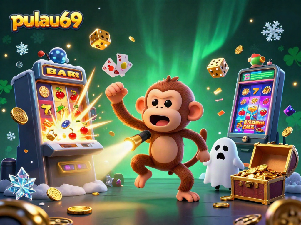 Experience pulau69 with lively casino elements featuring an animated poltergeist monkey and playful ghost-hunter puppy.