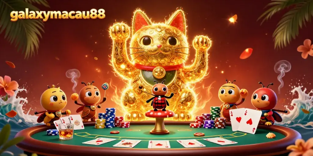 Engage with galaxymacau88 and discover a vibrant 3D illustration featuring a lucky cat and casino elements.