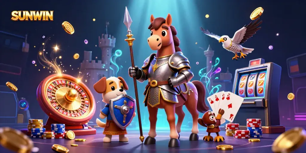 SUNWIN showcases a lively casino scene with a knight, a puppy, and golden coins amidst dynamic gaming elements.