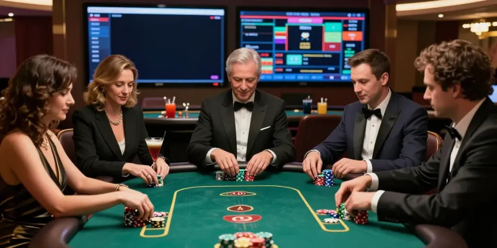 Không khí sòng bạc sôi động với nhóm người chơi n188 đang tham gia trò chơi poker.