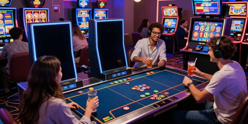 Diverse friends engaging in a lively judi slot online game at a vibrant digital casino.