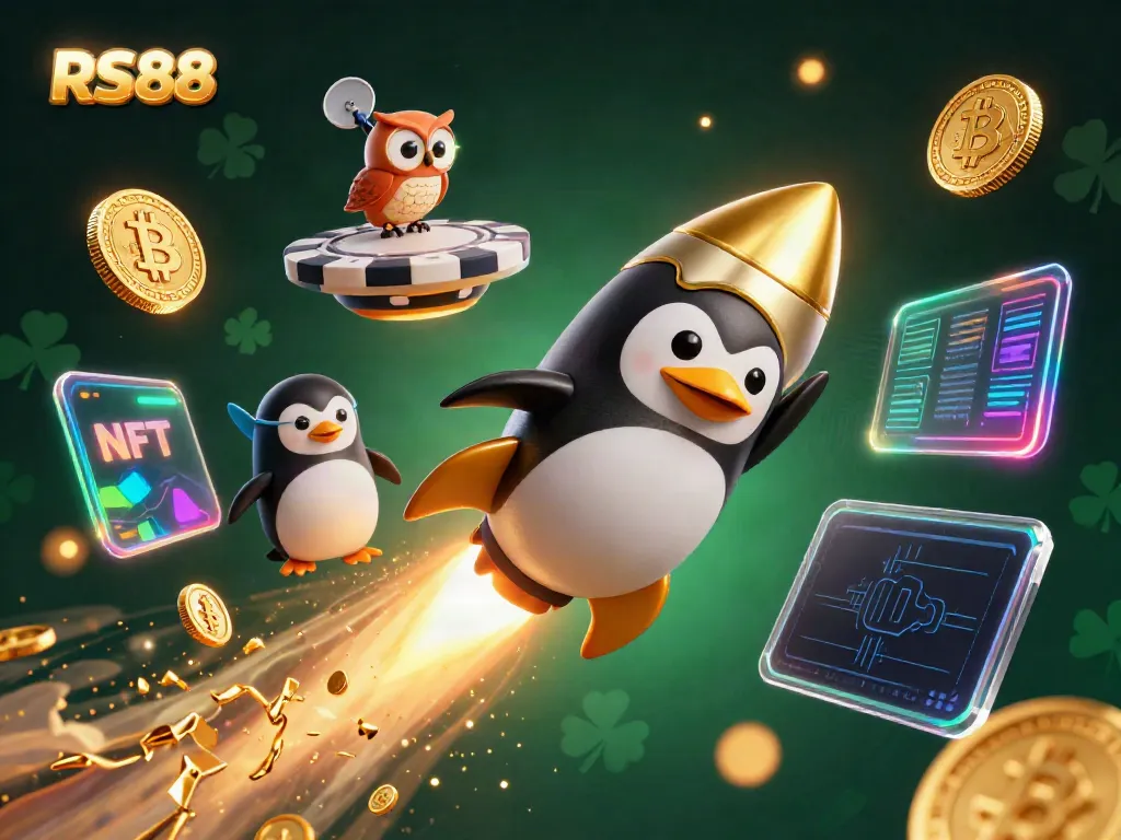 Experience the action with RS88 as a penguin blasts through space to a casino station, surrounded by crypto coins and vibrant elements.