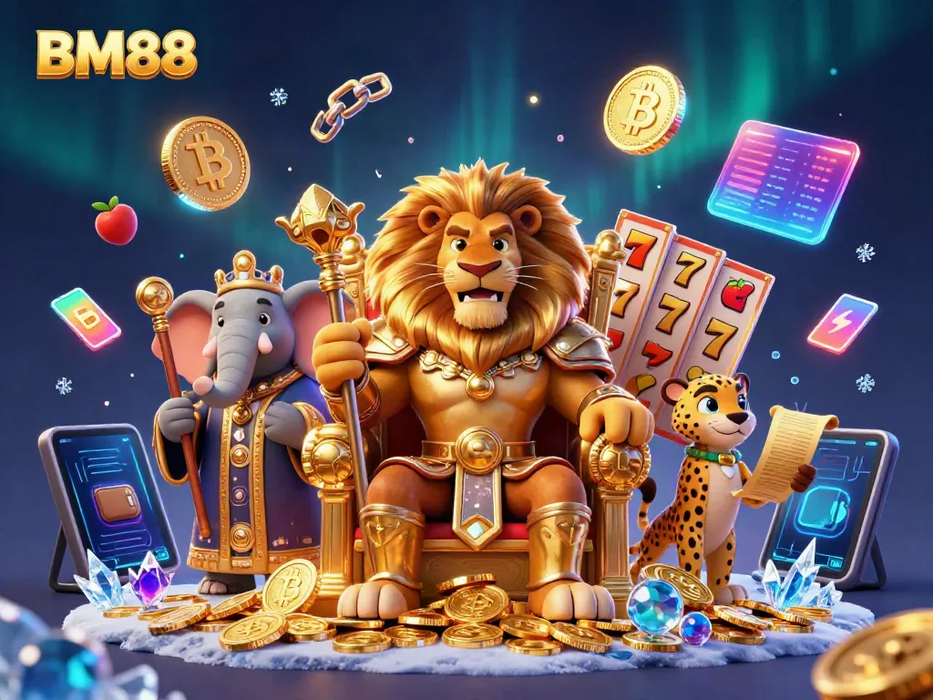 Experience the thrill of gaming with BM88 featuring a majestic lion king, wise elephant advisor, and cheetah messenger in a rich casino setting.
