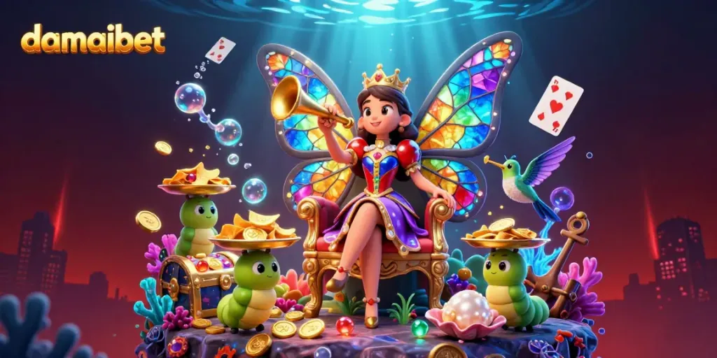 Experience dazzling game features at damaibet with a butterfly queen and glowing casino elements.
