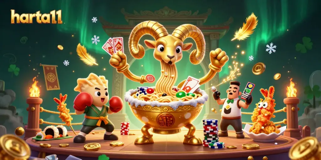 Join the excitement with harta11 as the giant ramen bowl deal cards and stack chips in a festive casino scene.