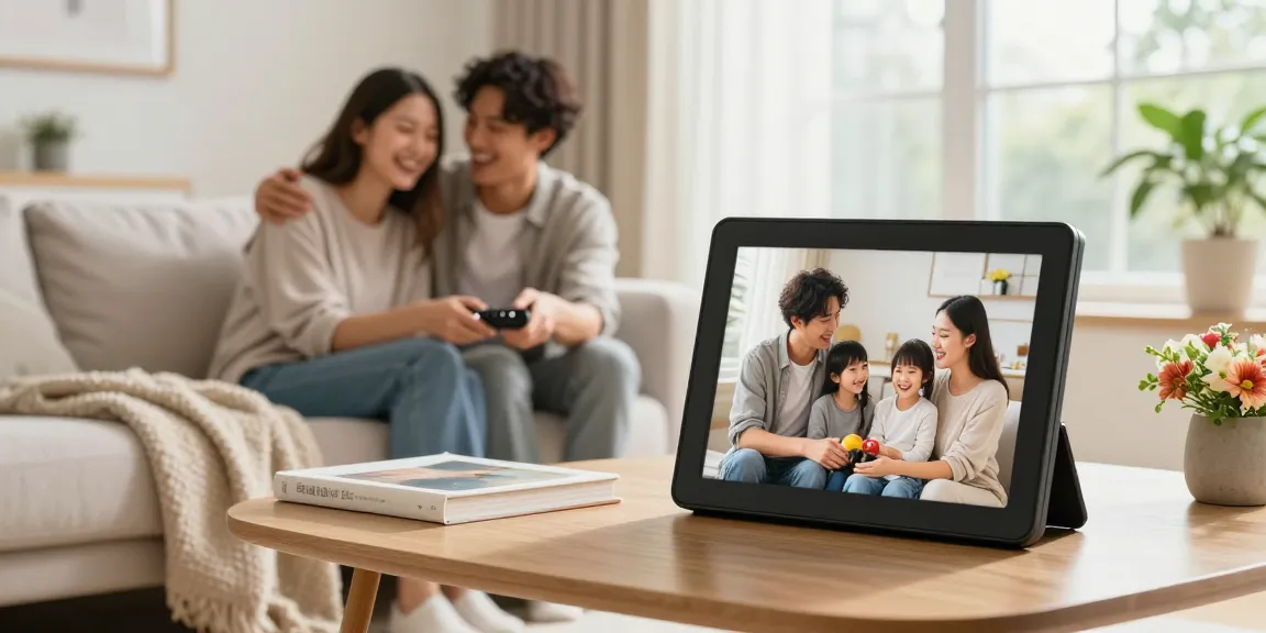 Display of a digital photo frame in a cozy living room with a couple enjoying memories together.