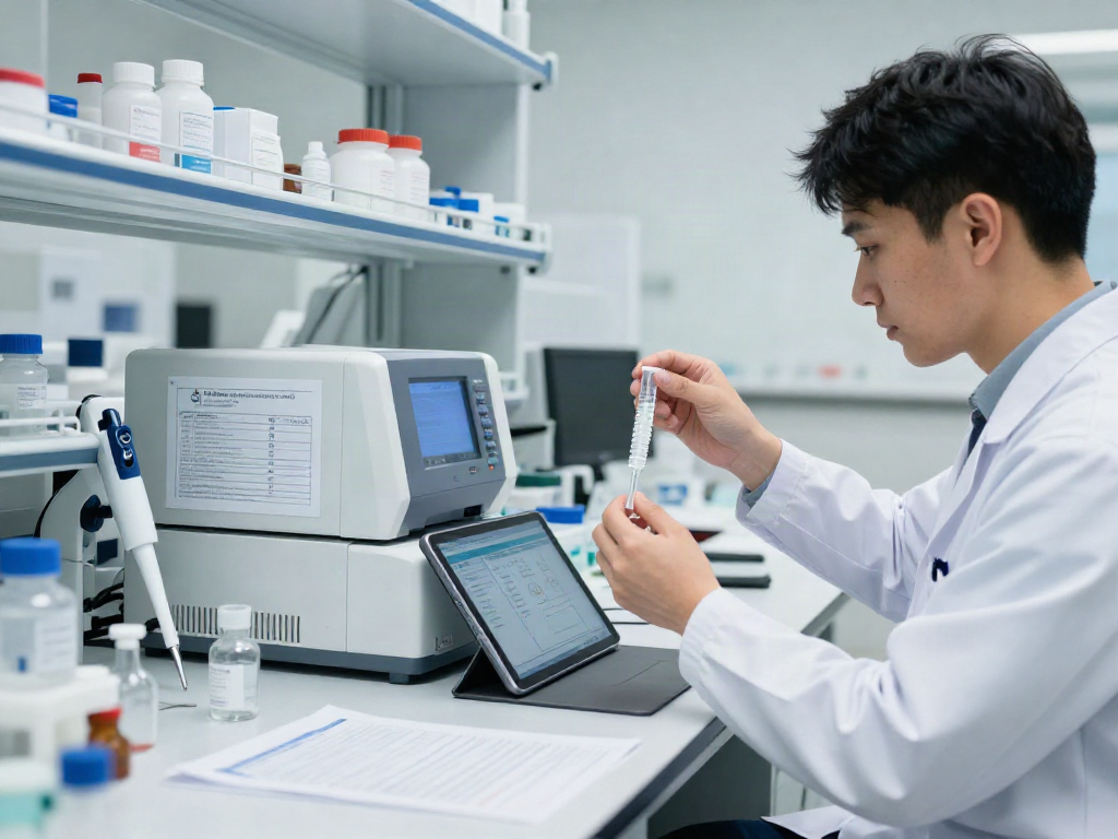 Researcher measuring voltera peptides in a modern lab setting with precise instruments.
