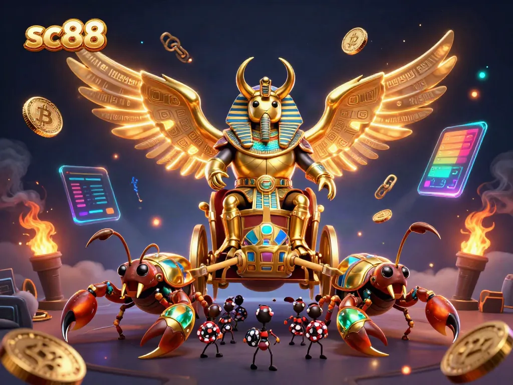 Experience the thrill of sc88 with exclusive golden beetles and scorpion chariots in a vibrant casino scene.
