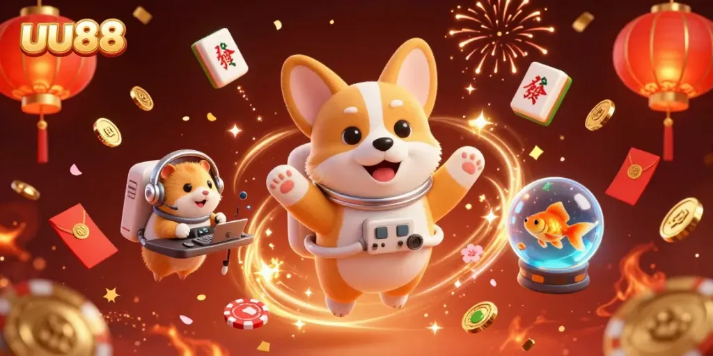 Experience the excitement of uu88 with a floating casino scene featuring a corgi astronaut surrounded by vibrant gaming elements.