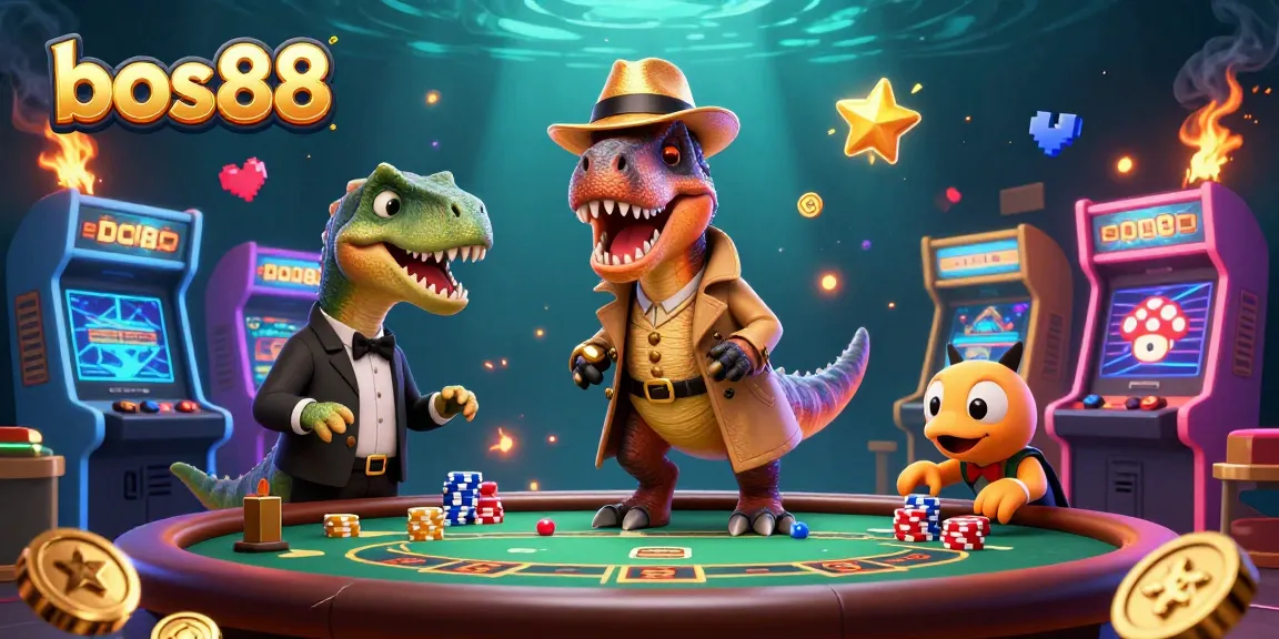 bos88 menyajikan ilustrasi 3D ceria dengan karakter dino di meja blackjack dan mesin judi yang berwarna-warni.