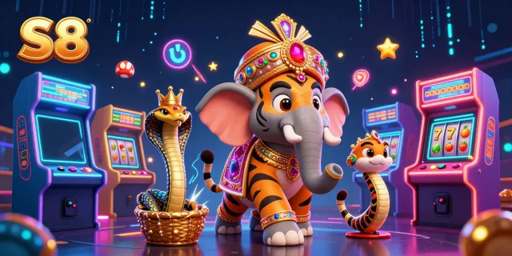 Experience thrilling casino gameplay with S8 in this vibrant 3D illustration featuring majestic gaming elements.