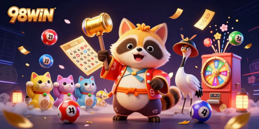 Experience thrill with 98WIN's dynamic gambling scene featuring colorful lottery elements.