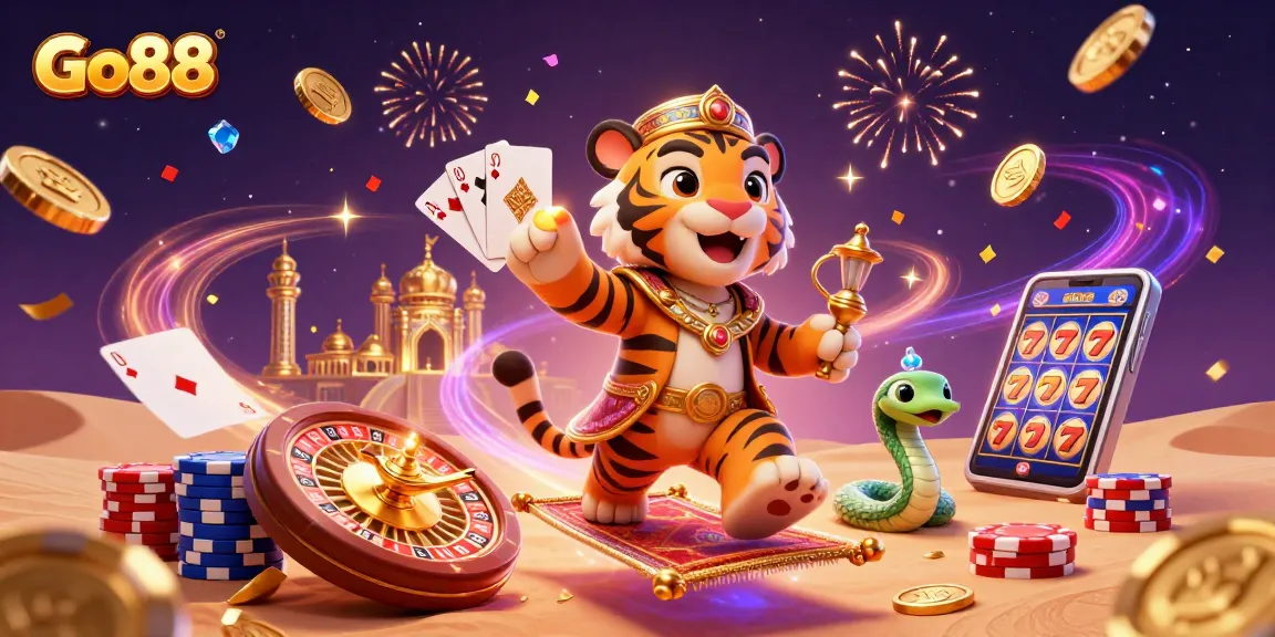 Engage in the vibrant world of Go88 with a dynamic casino scene featuring a sultan, magic lamp, and golden elements.