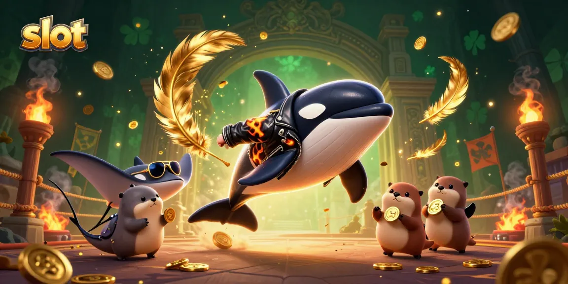 Capture the thrill of slot gaming with orca, stingray, and otters showcasing golden coins.