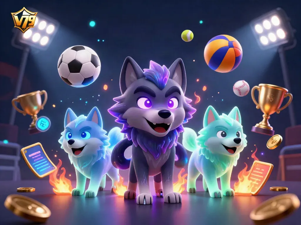 Experience thrilling gaming moments with the captivating features of v79, showcasing dynamic wolf characters surrounded by sports elements.