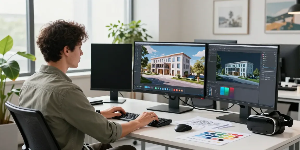 Professional 3D rendering services in action at a modern architectural studio with a focused artist designing intricate models.
